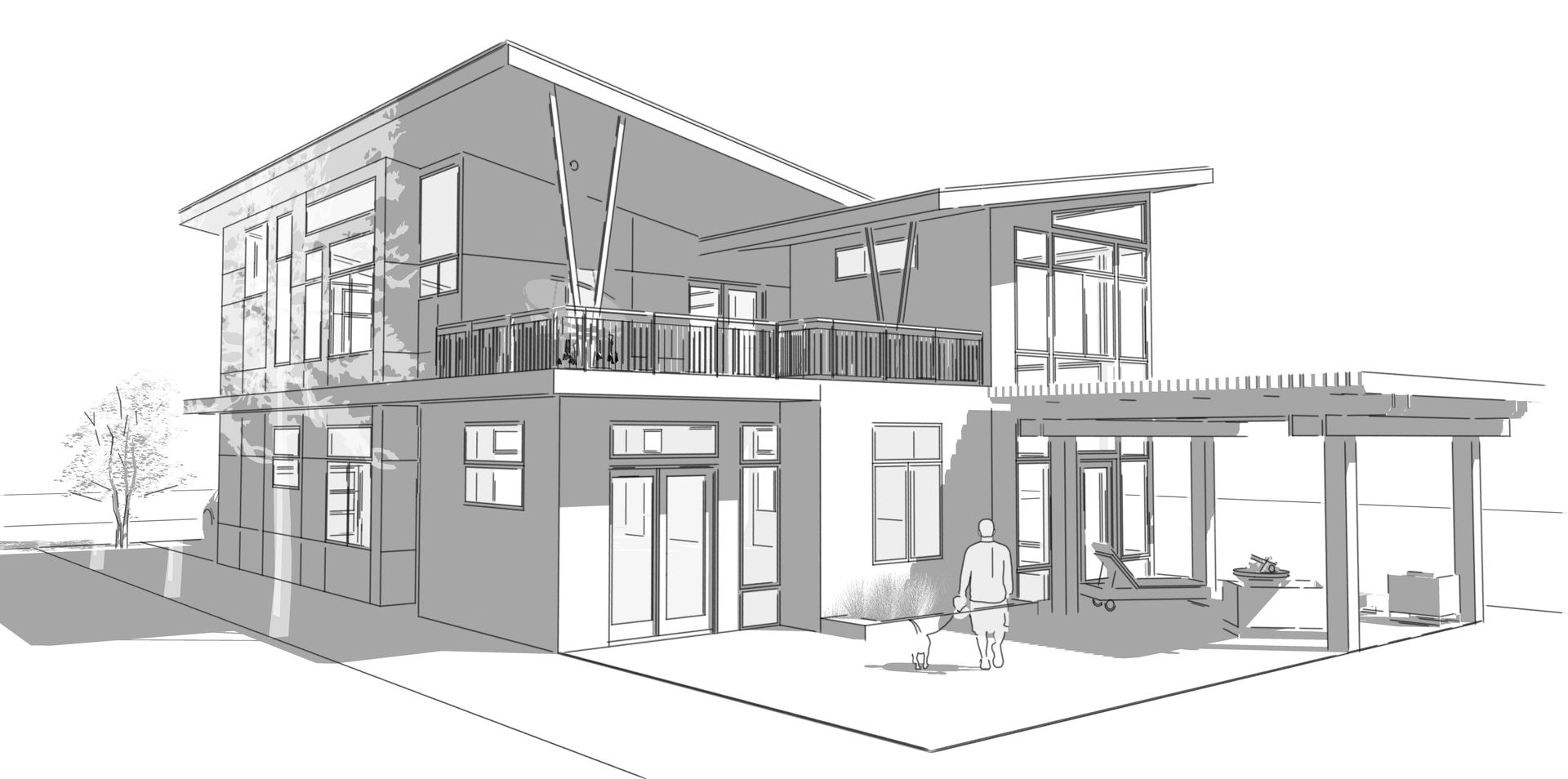 Monochrome architectural sketch of a two-story flat-roof home with a balcony and covered patio