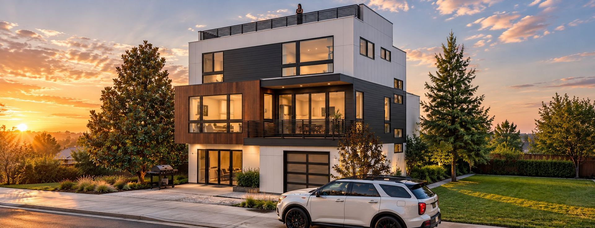 Three-story flat-roof home with dark cladding, broad windows and corner balconies