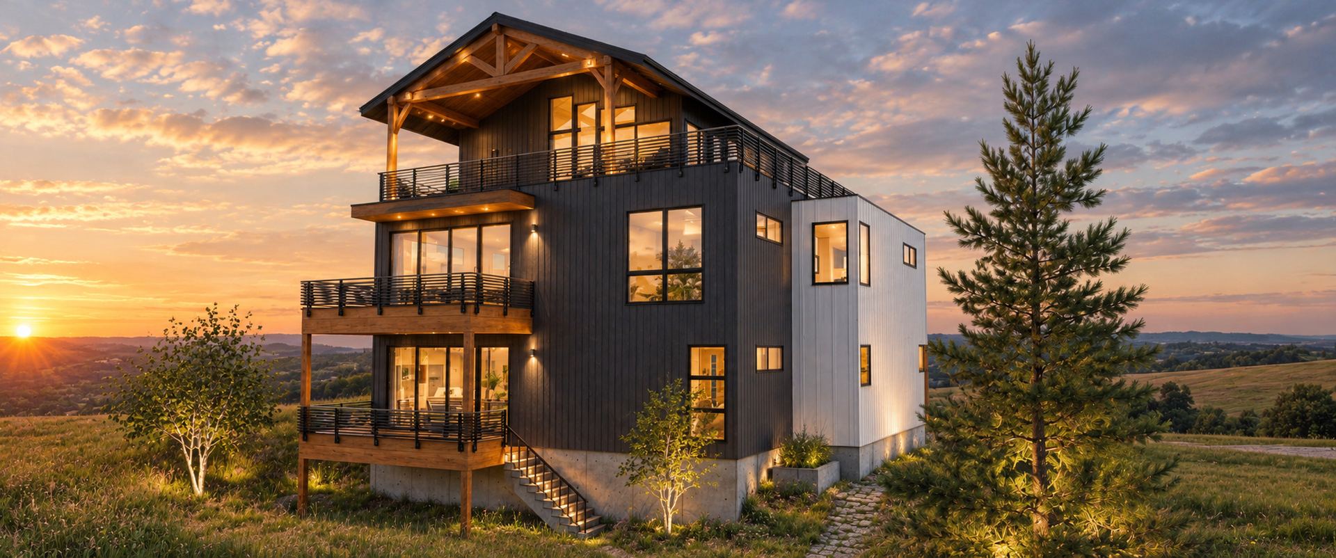 Multi-level gabled home with dark vertical siding, broad balconies and a light-clad side wing