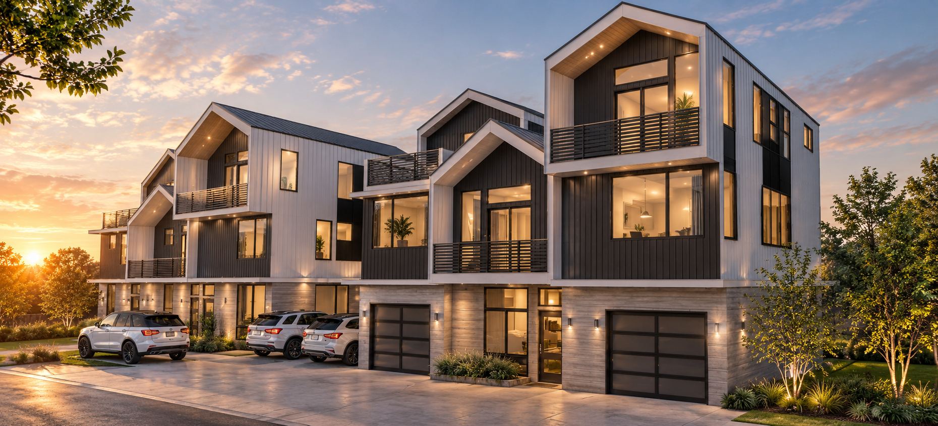 Multi-level townhouse row with gabled rooflines, dark-and-light cladding, balconies and garages