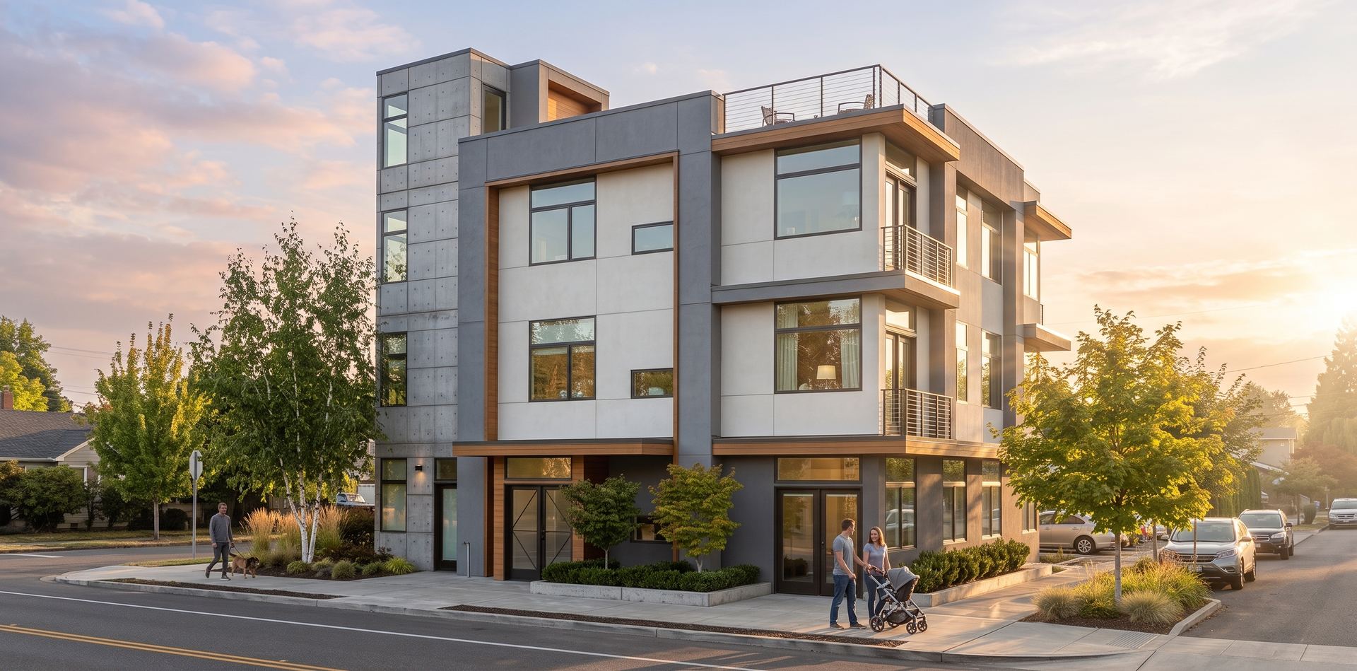 Multi-story apartment building with flat rooflines, balconies, a rooftop terrace and mixed exterior cladding